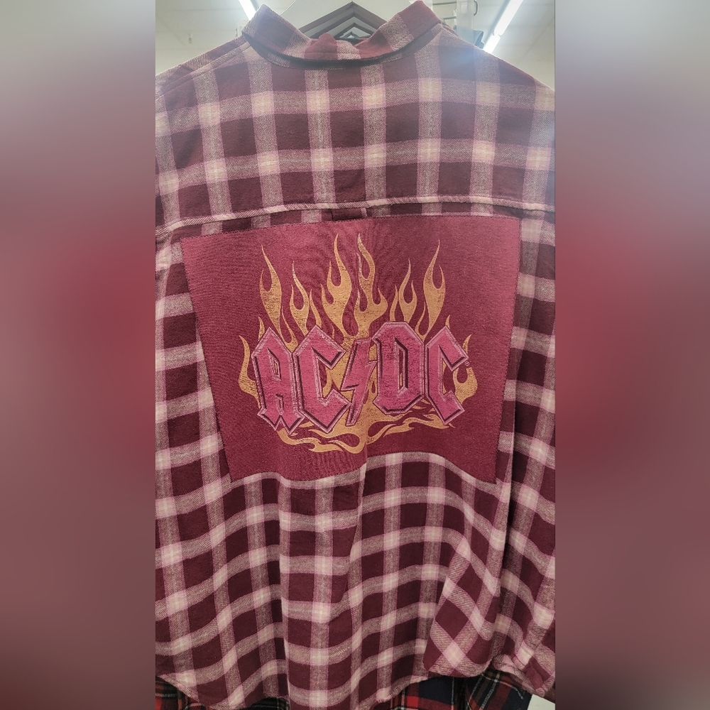 Recycled Burgandy Plaid AC/DC Flannel Shirt Size Med